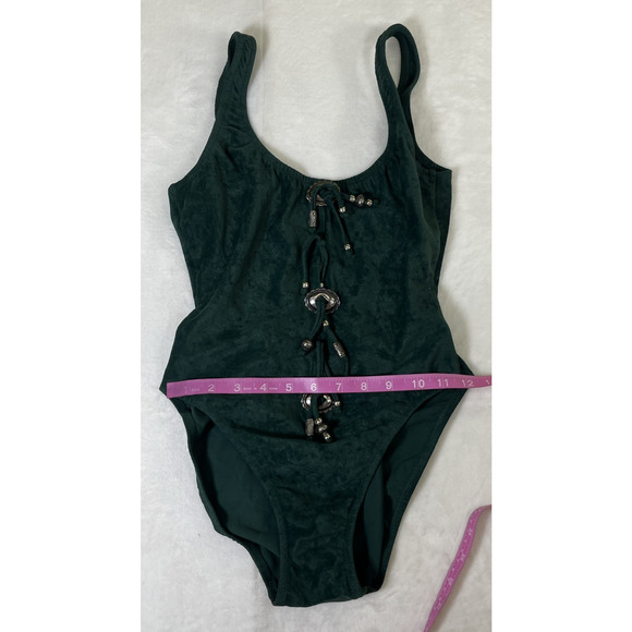 Vintage Acqua & Pelle sz. 10 Green Faux Suede Western Style 1-pc Bathing Suit - Picture 8 of 12